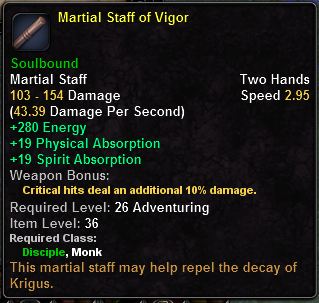 In-game tooltip for Martial Staff Of Vigor
