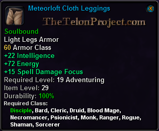 In-game tooltip for Meteorloft Cloth Leggings