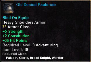 In-game tooltip for Old Dented Pauldrons