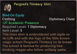 In-game tooltip for Pergred's Thinkery Shirt