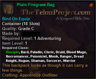 In-game tooltip for Plain Firegrass Bag