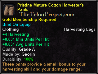 In-game tooltip for Pristine Mature Cotton Harvester's Pants