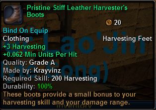 In-game tooltip for Pristine Stiff Leather Harvester's Boots