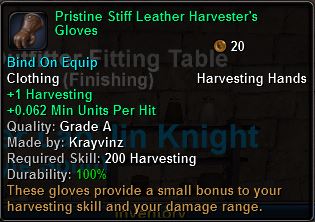 In-game tooltip for Pristine Stiff Leather Harvester's Gloves