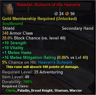 In-game tooltip for Resadal, Bulwark Of The Heavens