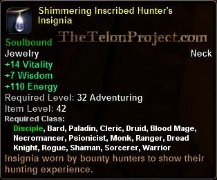 In-game tooltip for Shimmering Inscribed Hunter's Insignia