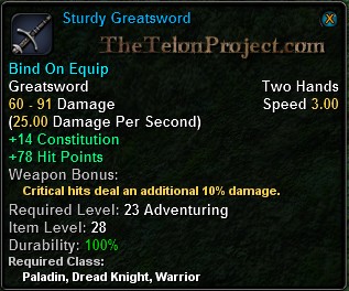 In-game tooltip for Sturdy Greatsword