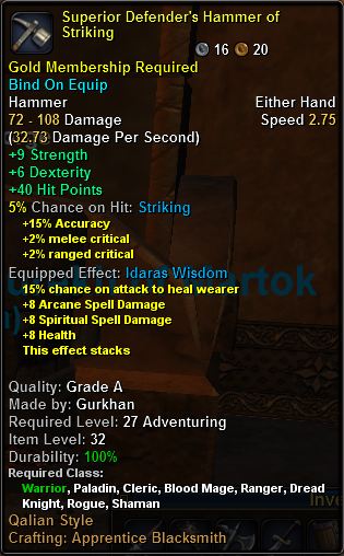 In-game tooltip for Superior Defender's Hammer Of Striking