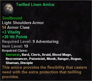 In-game tooltip for Twilled Linen Amice