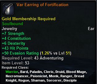 In-game tooltip for Var Earring Of Fortification