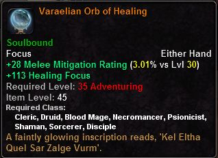 In-game tooltip for Varaelian Orb Of Healing
