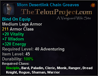 In-game tooltip for Worn Desertlink Chain Greaves