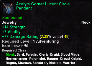 In-game tooltip for Acolyte Garnet Lucent Circle Pendant