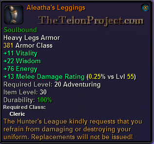 In-game tooltip for Aleatha's Leggings