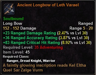 In-game tooltip for Ancient Longbow of Leth Varael