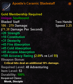 In-game tooltip for Apostle's Ceramic Bladestaff
