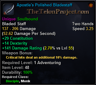 In-game tooltip for Apostle's Polished Bladestaff