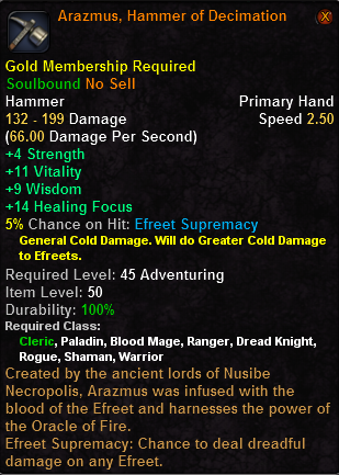 In-game tooltip for Arazmus, Hammer of Decimation