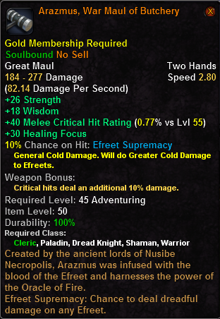 In-game tooltip for Arazmus, War Maul of Butchery