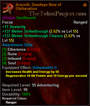 In-game tooltip for Araznik, Deadeye Bow of Obliteration