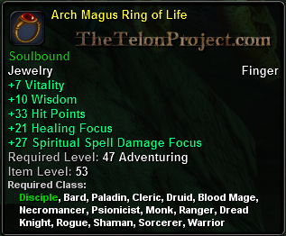 In-game tooltip for Arch Magus Ring of Life
