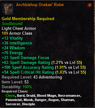 In-game tooltip for Archbishop Drakas' Robe