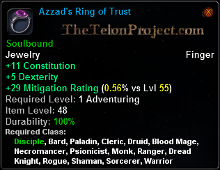 In-game tooltip for Azzad's Ring of Trust