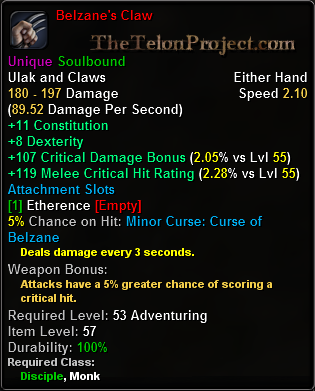 In-game tooltip for Belzane's Claw