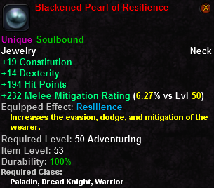 In-game tooltip for Blackened Pearl of Resilience