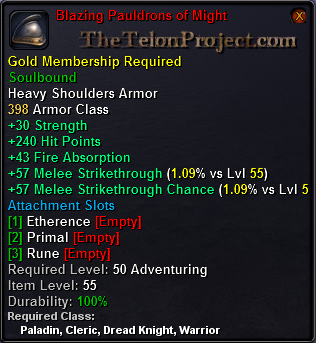 In-game tooltip for Blazing Pauldrons of Might