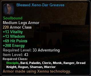 In-game tooltip for Blessed Xeno-Dar Greaves