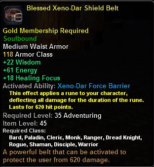 In-game tooltip for Blessed Xeno-Dar Shield Belt