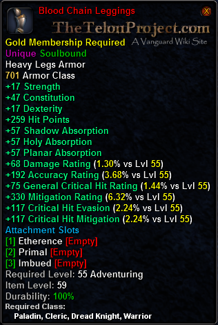 In-game tooltip for Blood Chain Leggings