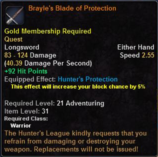 In-game tooltip for Brayle's Blade of Protection