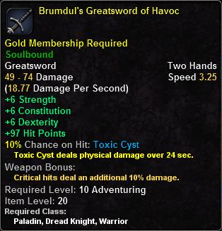In-game tooltip for Brumdul's Greatsword of Havoc