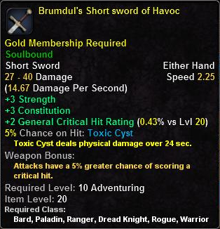 In-game tooltip for Brumdul's Short sword of Havoc