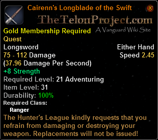 In-game tooltip for Cairenn's Longblade of the Swift