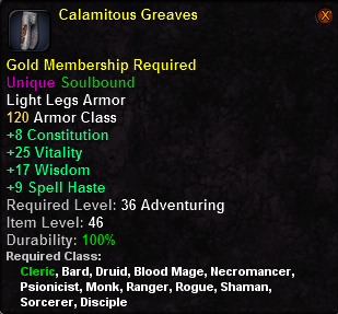 In-game tooltip for Calamitous Greaves