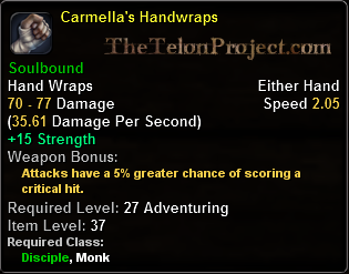 In-game tooltip for Carmella's Handwraps