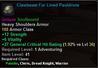 In-game tooltip for Clawbeast Fur LIned Pauldrons