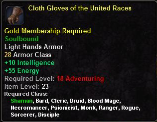 In-game tooltip for Cloth Gloves of the United Races