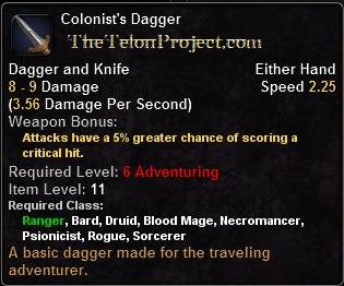 In-game tooltip for Colonist's Dagger