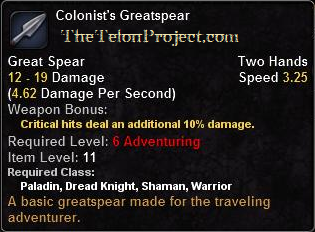 In-game tooltip for Colonist's Greatspear
