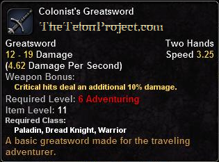 In-game tooltip for Colonist's Greatsword