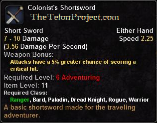 In-game tooltip for Colonist's Shortsword