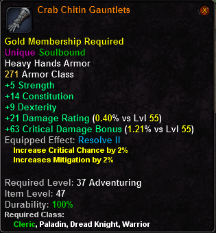 In-game tooltip for Crab Chitin Gauntlets