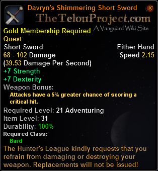 In-game tooltip for Davryn's Shimmering Short Sword