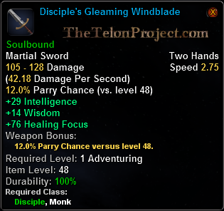 In-game tooltip for Disciple's Gleaming Windblade