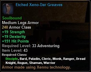 In-game tooltip for Etched Xeno-Dar Greaves