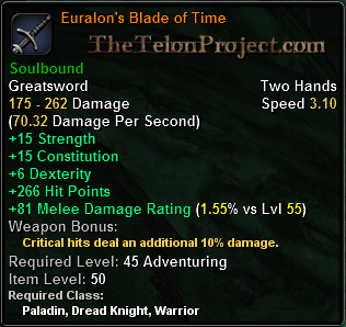 In-game tooltip for Euralon's Blade of Time